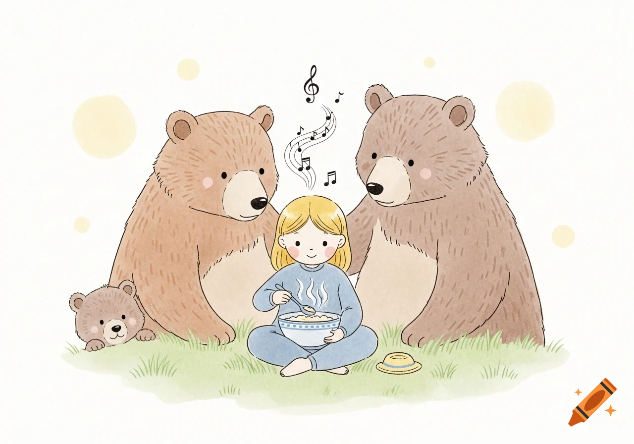Simplistic watercolor illustration of Goldilocks eating porridge, watched by two adult bears and a peeking baby bear.