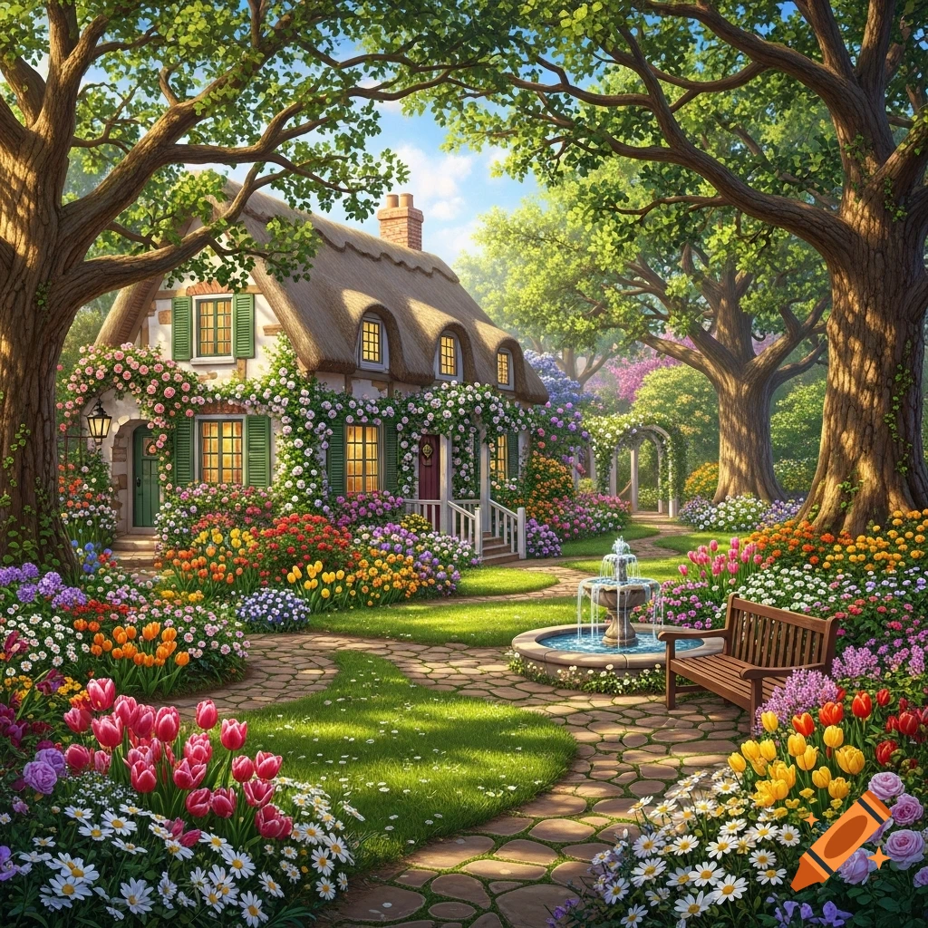 Vibrant illustration of a picturesque cottage covered in flowers, surrounded by a lush garden with a stone path and fountain.
