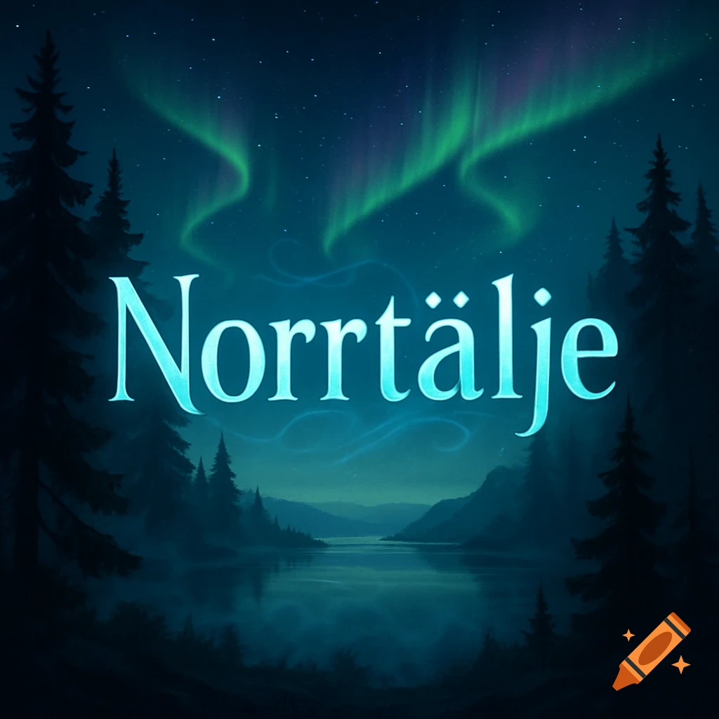 Night landscape with pine trees, a calm lake, and glowing green aurora borealis, with the word "Norrtälje" in the center.