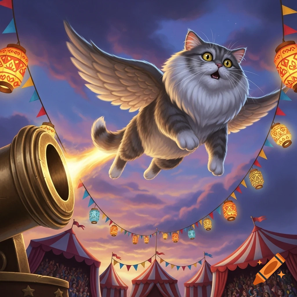 A whimsical winged cat is launched from a cannon over a vibrant circus tent scene with glowing lanterns.