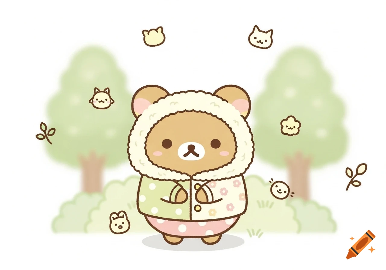 A cute brown cartoon bear in a fluffy hooded jacket and polka-dot pants, surrounded by small floating characters and green trees in a doodle style.