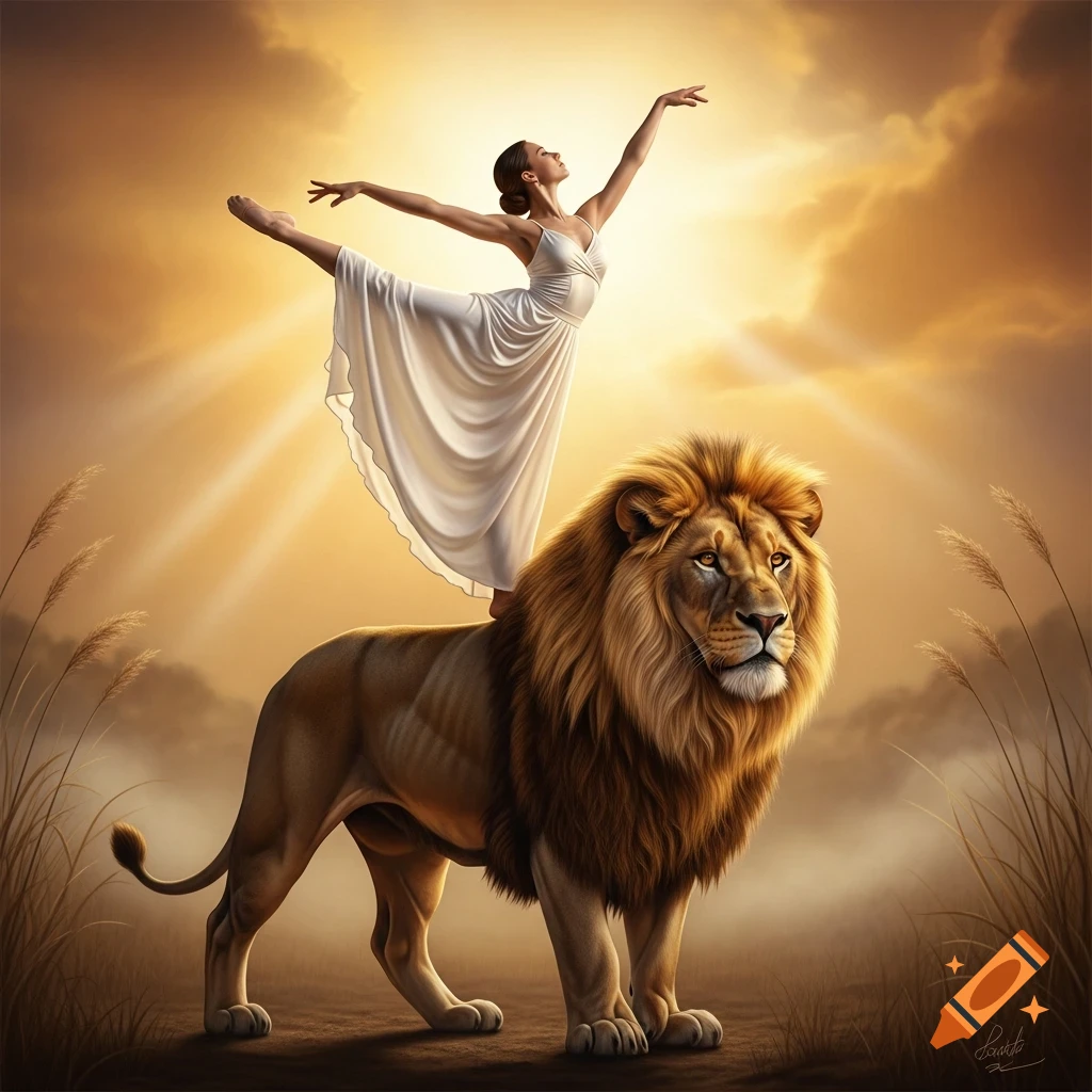 A woman in a white dress dances ballet on the back of a majestic lion under a golden sky with sun rays, in a realistic airbrush style.