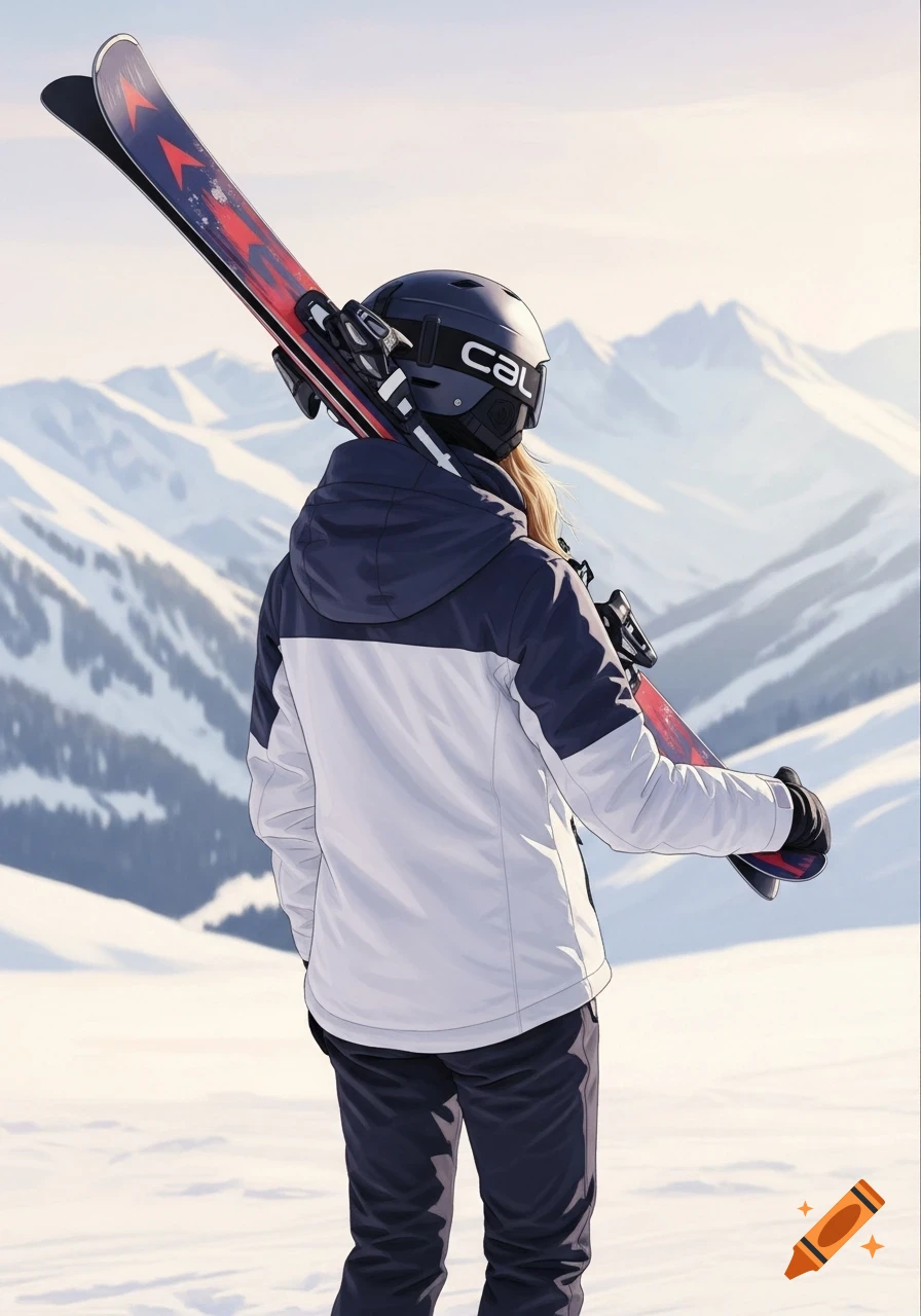 A person in a ski jacket holding skis over their shoulder, looking at a vast snowy mountain range.