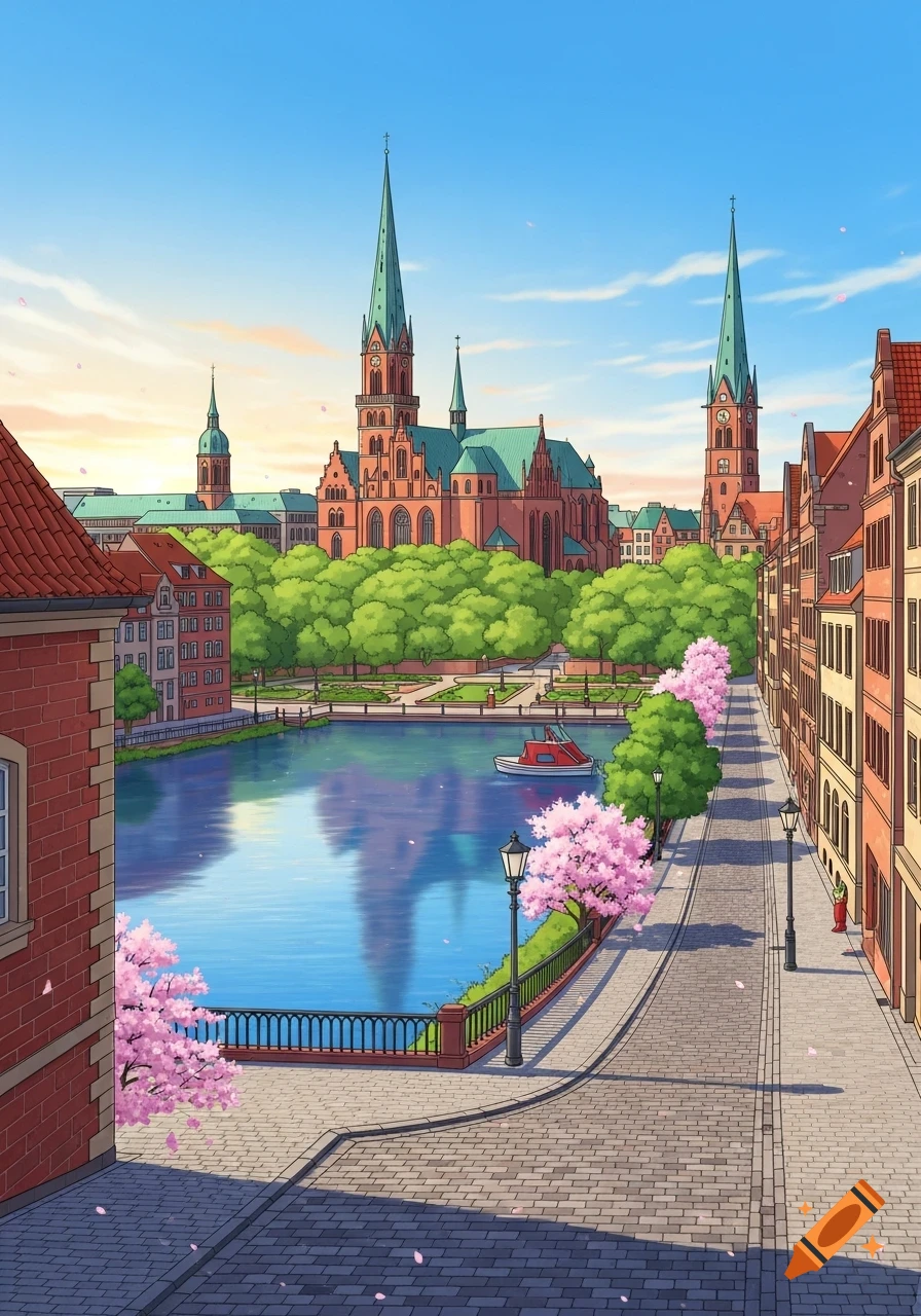 Anime-style cityscape with a river, red-brick buildings, green-spired churches, and cherry blossom trees under a blue sky.