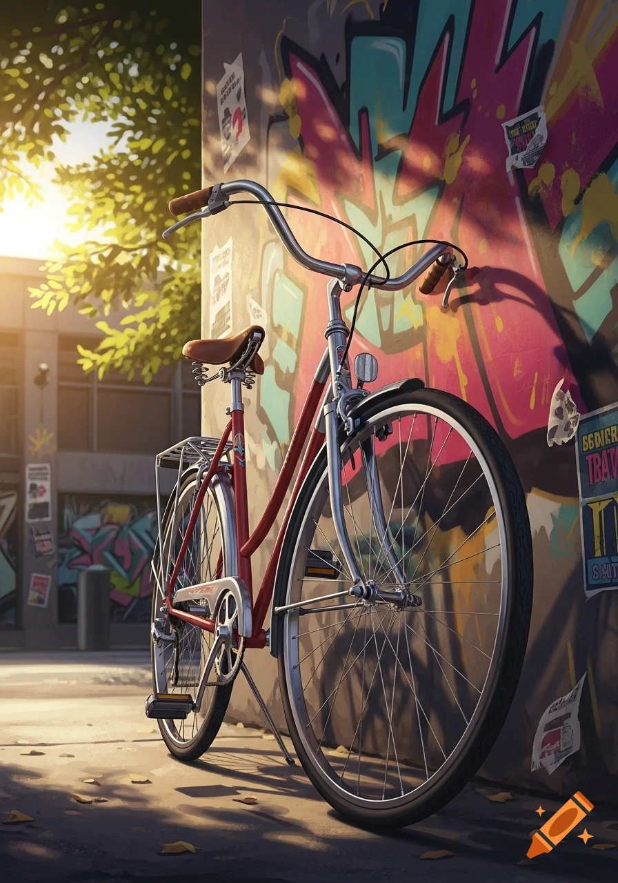 A red and silver bicycle leans against a vibrant graffiti wall, bathed in sunlight filtering through tree leaves.