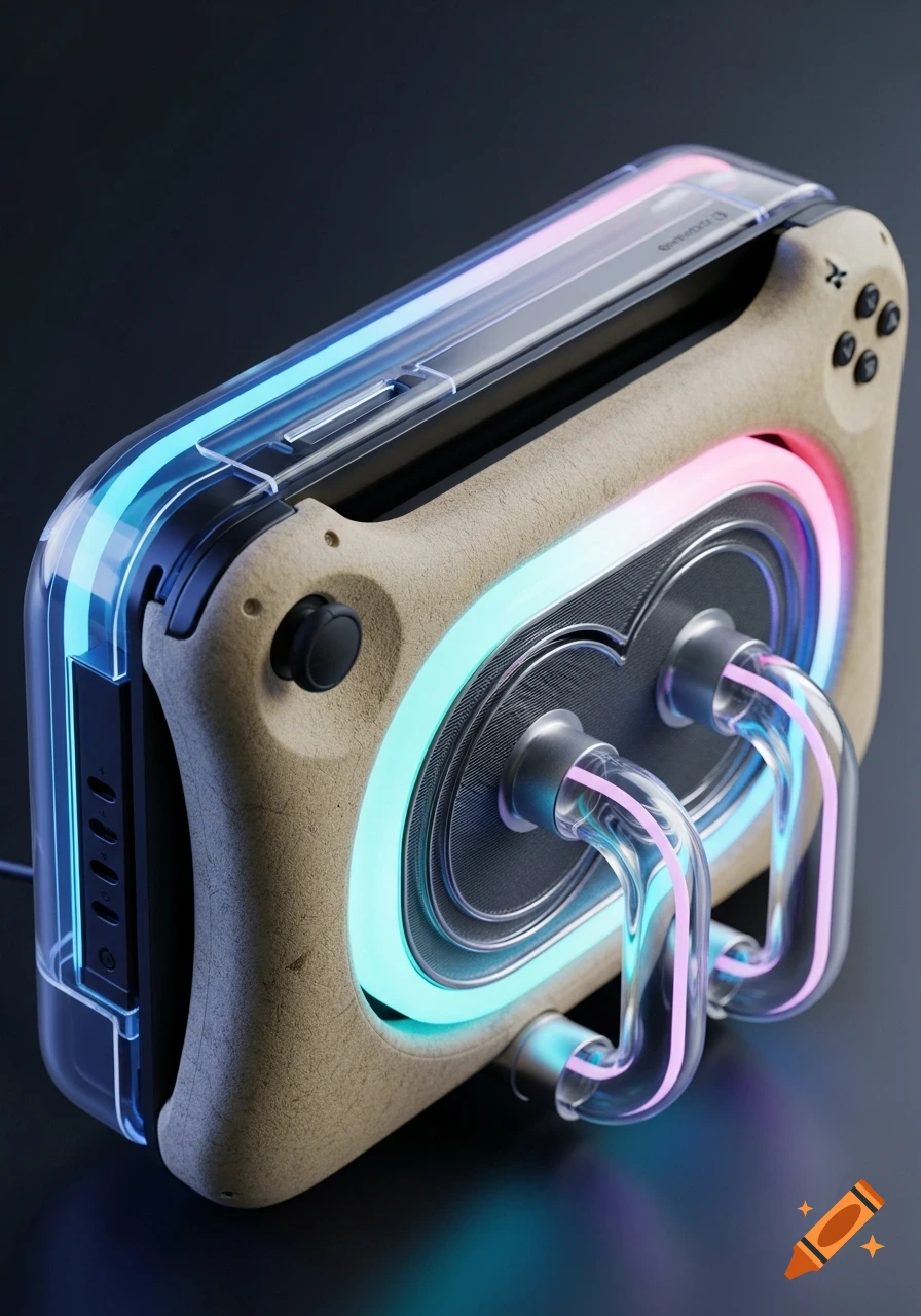 A futuristic gaming console with a compostable beige case, clear water cooling tubes, and vibrant RGB LED lighting.