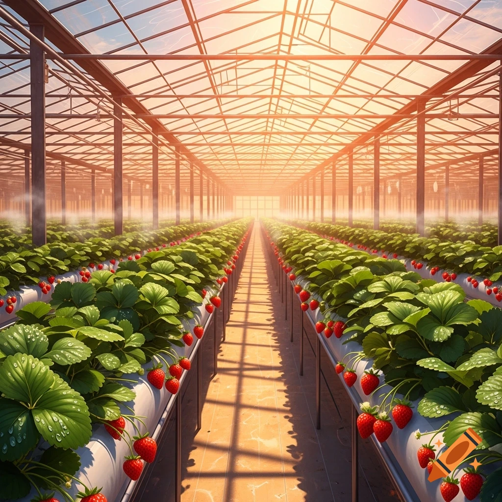 Rows of red strawberry plants grow in a bright, sunlit greenhouse with a high glass ceiling.