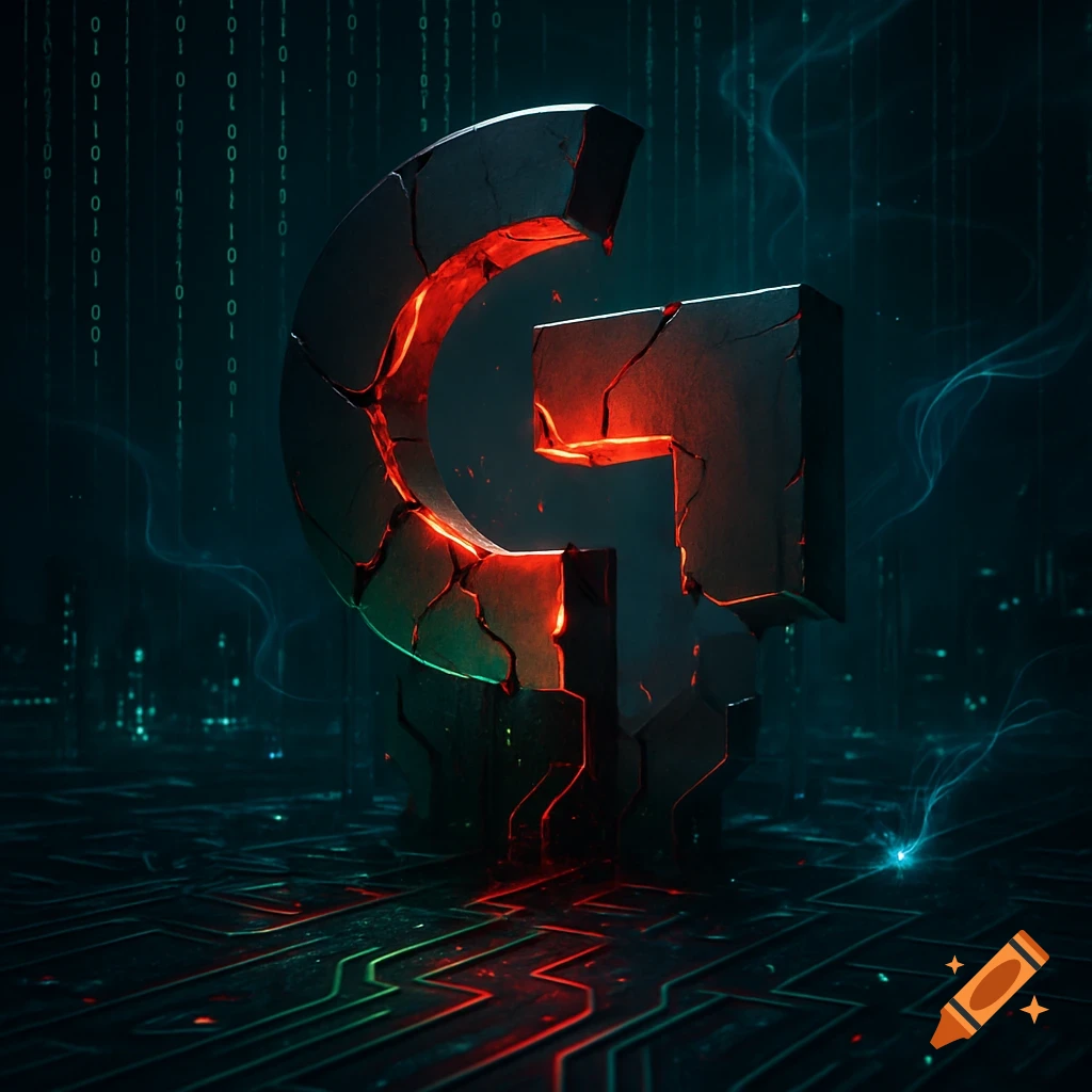 A stylized, cracked letter G logo, glowing red, set against a dark, futuristic digital background with binary code and circuit patterns.