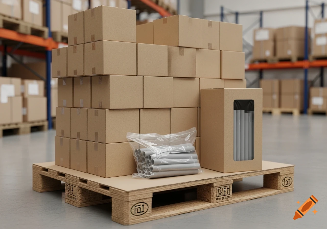 Photorealistic image of stacked cardboard boxes and tubes on a wooden pallet in a warehouse.