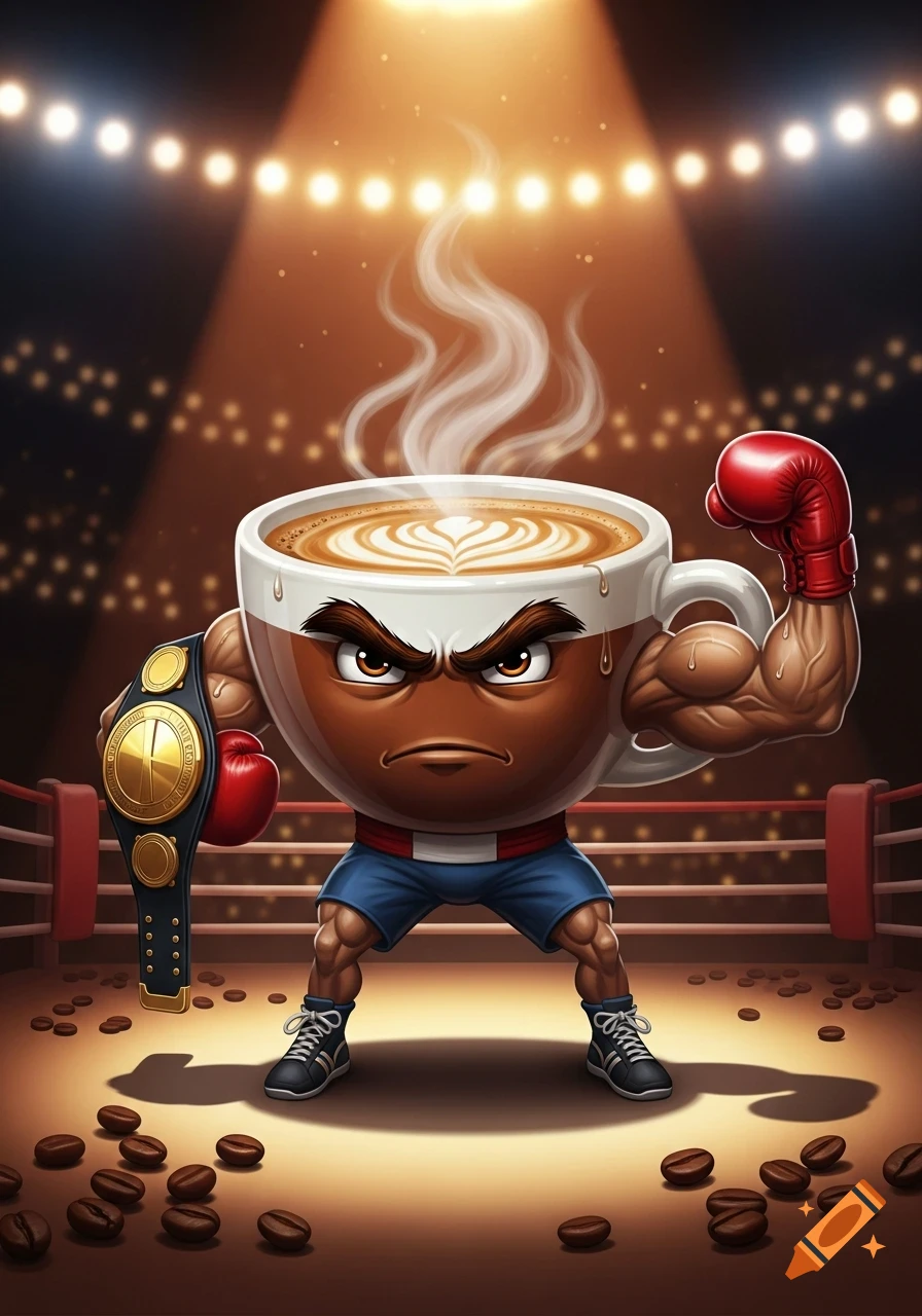 An angry cartoon coffee cup boxer with muscular arms, red gloves, and a championship belt stands in a boxing ring, spotlighted, with scattered coffee beans.