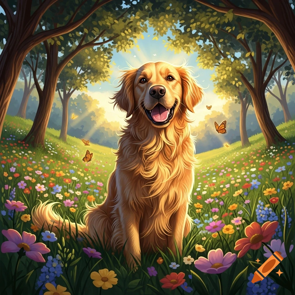 A golden retriever sits happily in a sunny field of colorful ...