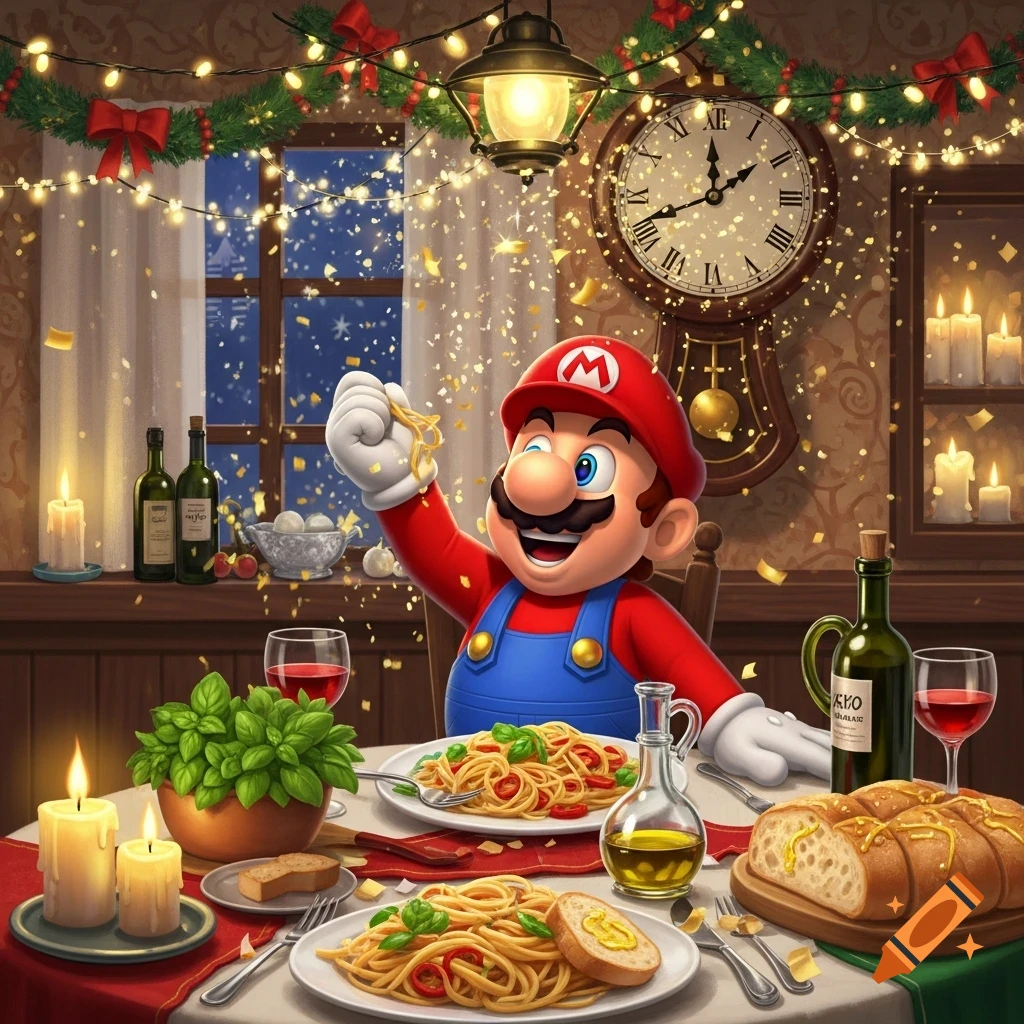 Mario in a festive, candlelit room with Christmas decorations, happily holding spaghetti over a plate of pasta while celebrating New Year's Eve.