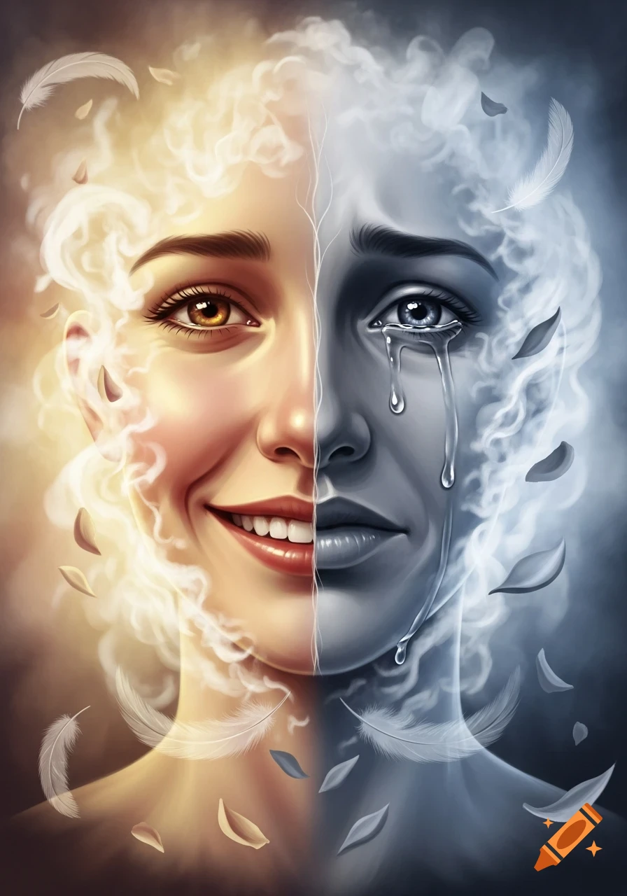 A woman's face is split vertically; one side is warm-toned and smiling with golden light, the other is cool-toned and crying, both surrounded by smoke and feathers.