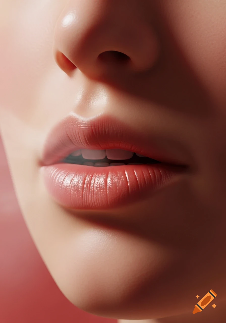 Close-up of a human mouth with glossy pink lips and a partial view of the nose, rendered in a detailed 3D animation style.