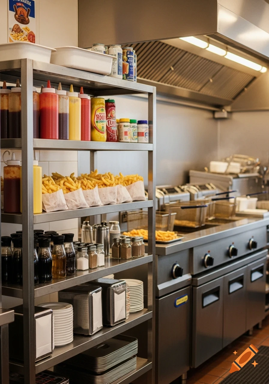 Photorealistic image of a structured stainless steel storage rack in a commercial chip shop kitchen, filled with fries, condiments, and spices, next to deep fryers and a cooking range.