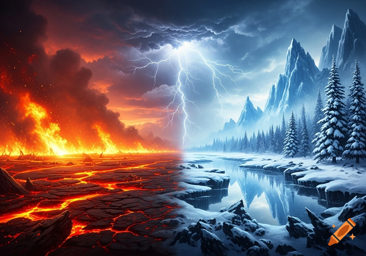 A dramatic fantasy landscape split between a fiery volcanic side and a frozen, snowy side, with lightning striking from a stormy sky.