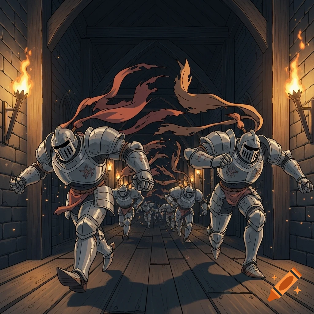 Cel-shaded armored suits surge through a dark, torchlit stone hallway in a whimsical, Ghibli-inspired fantasy style.
