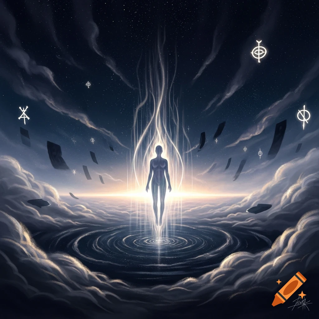 A glowing, translucent humanoid floats above a swirling cosmic pool amidst dark clouds, a starry sky, and abstract symbols.
