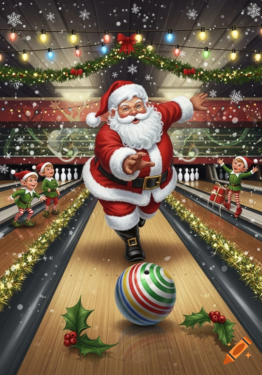 Festive illustration of Santa Claus bowling a colorful ball down a lane, with happy elves and Christmas decorations in a snowy bowling alley.