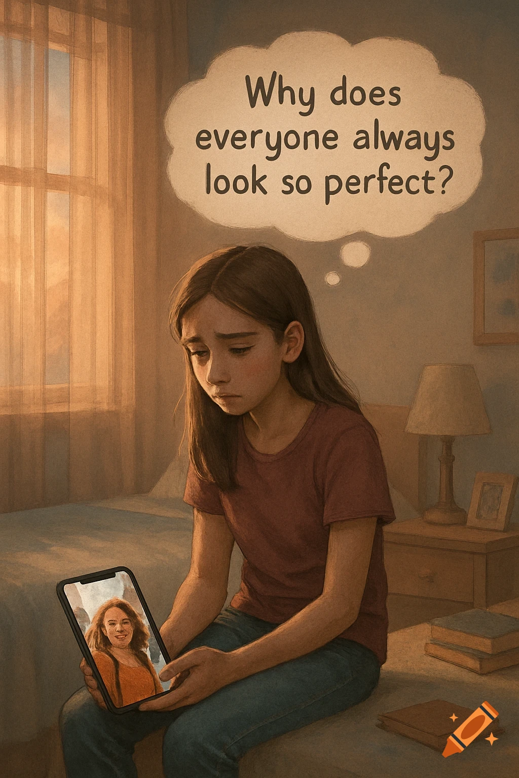 Sad teenage girl in a bedroom looks at a phone showing a selfie, thinking 'Why does everyone always look so perfect?' Illustrated.
