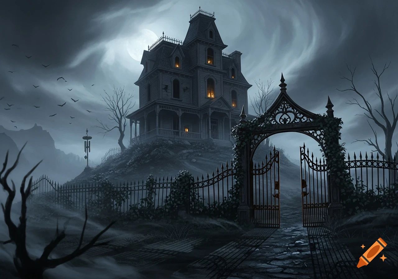 A spooky gothic haunted house on a hill, bathed in moonlight, with an ornate gate and flying bats under a cloudy sky.