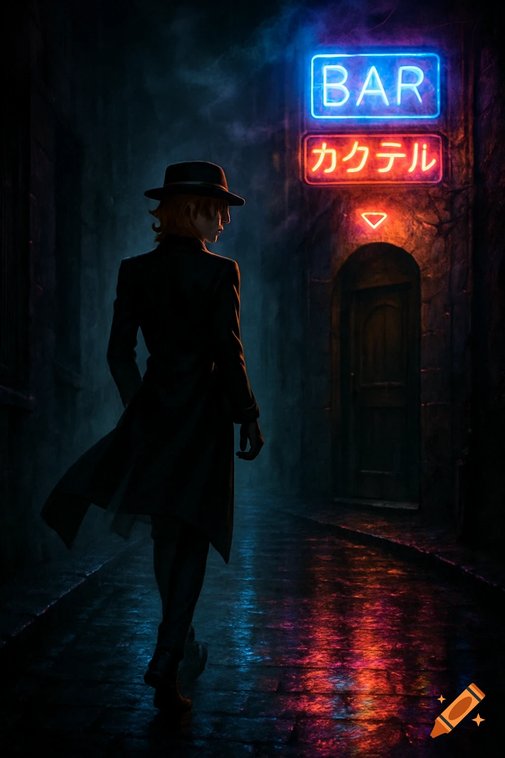 A person in a black coat and fedora walks away in a dark, wet alley towards a neon-lit 'BAR' sign. Moody, anime-inspired.