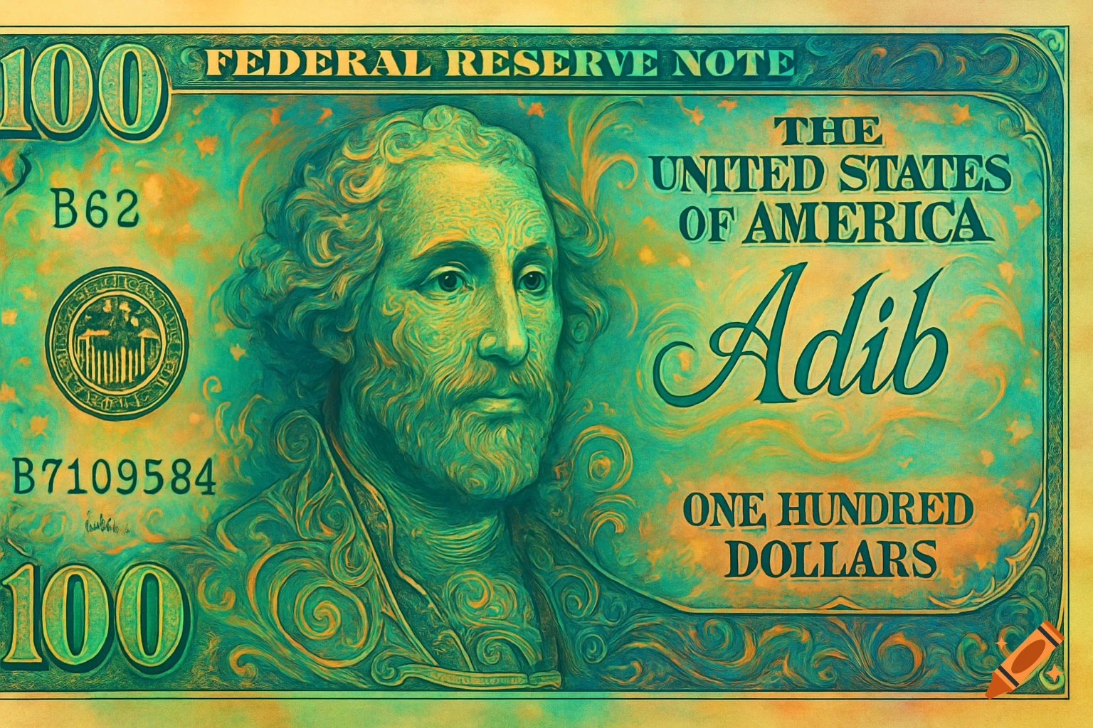 A stylized, greenish-yellow hundred-dollar bill featuring a bearded man's portrait and the name 'Adib' in cursive script.