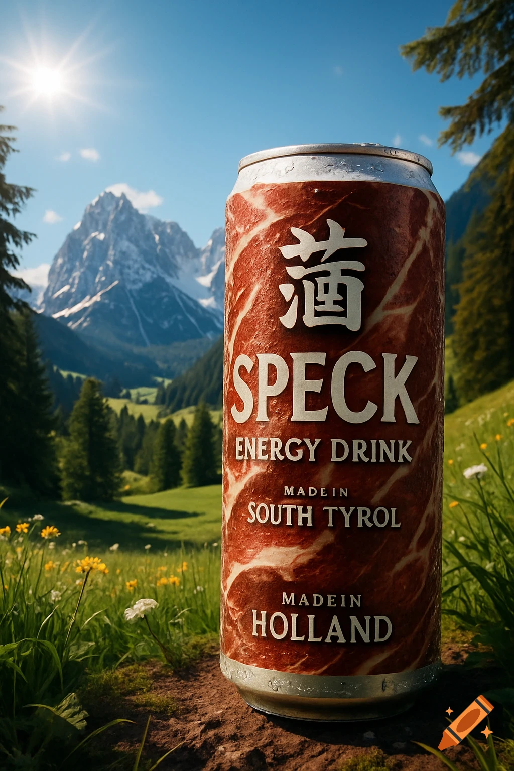 A close-up of a Speck energy drink can with a meat-like texture design, set against a backdrop of a sunny mountain valley with pine trees and green meadows.