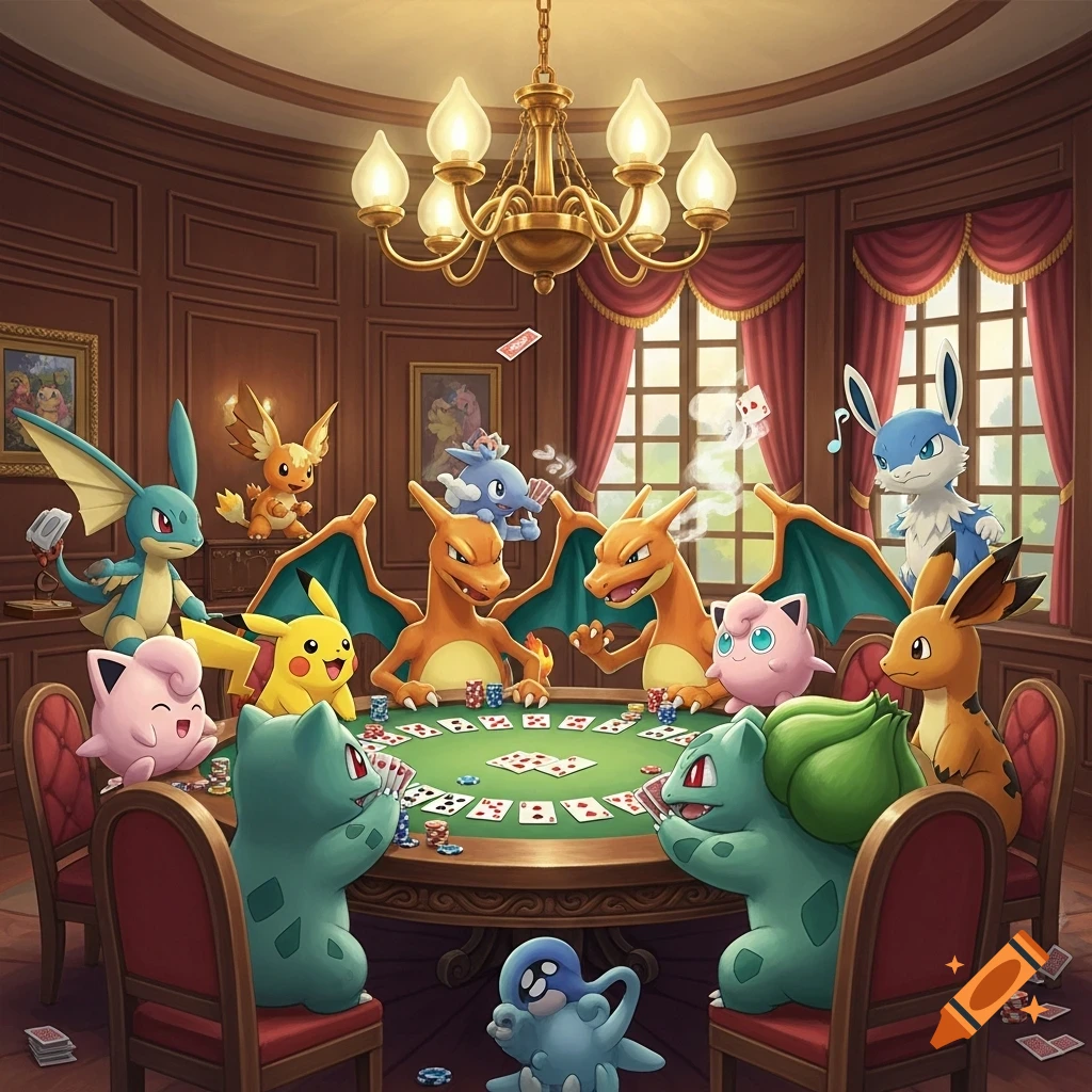 Pokemon characters including Charizard, Pikachu, and Bulbasaur playing poker at a table in a grand room.