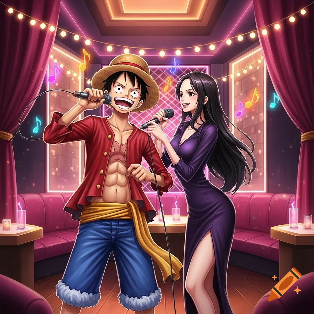 Luffy and Boa Hancock sing karaoke in a brightly lit room with musical notes.