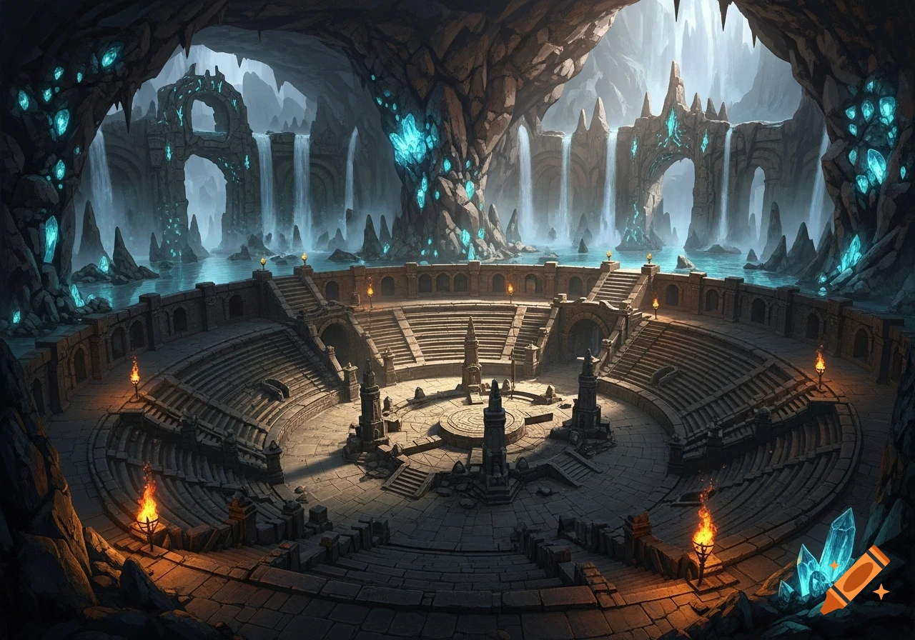A vast, ancient stone fighting arena inside a three-level cavern with glowing blue crystals, waterfalls, and torches.