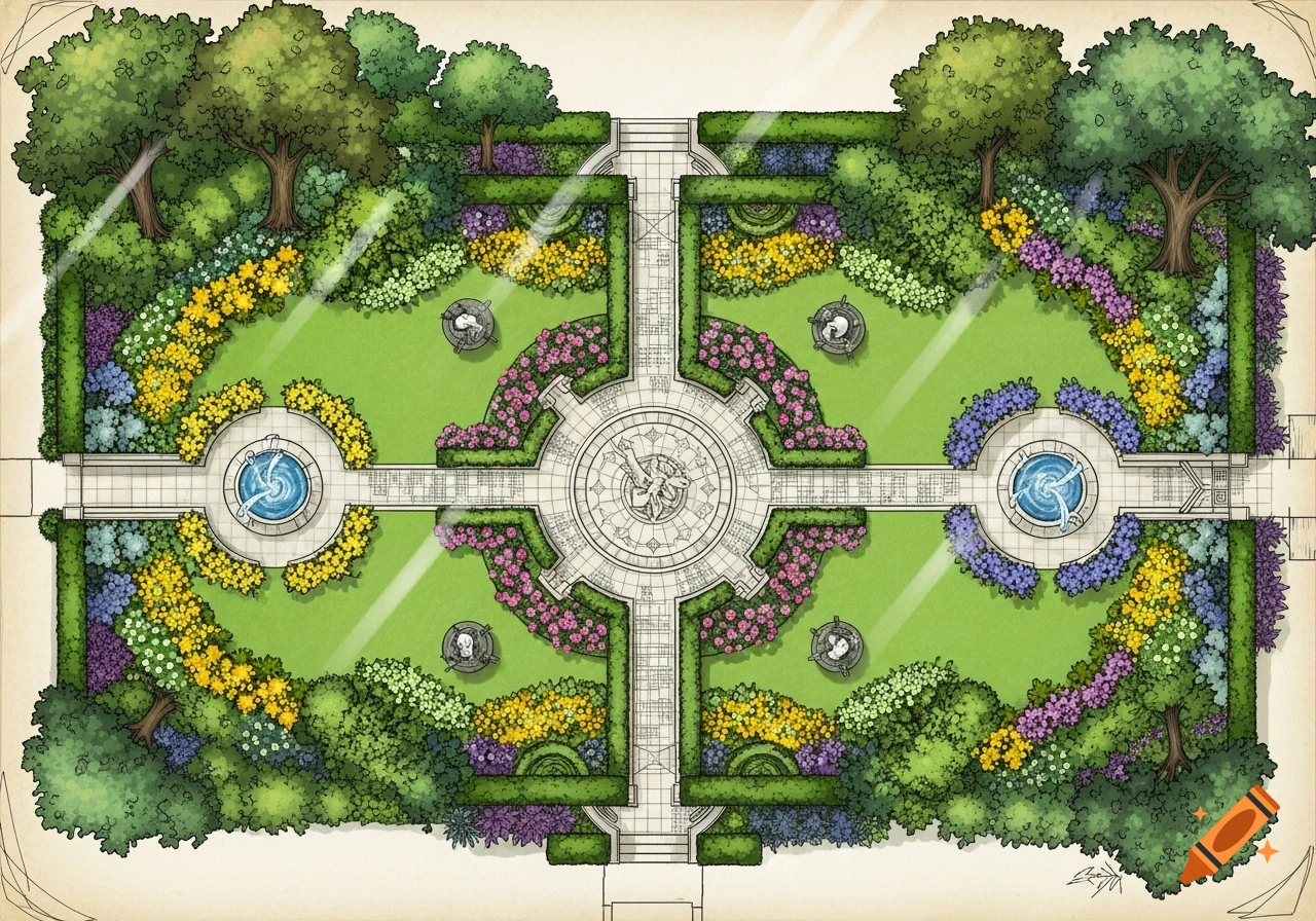 Overhead illustration of a formal garden layout plan with fountains, paths, trees, hedges, and colorful flower beds.