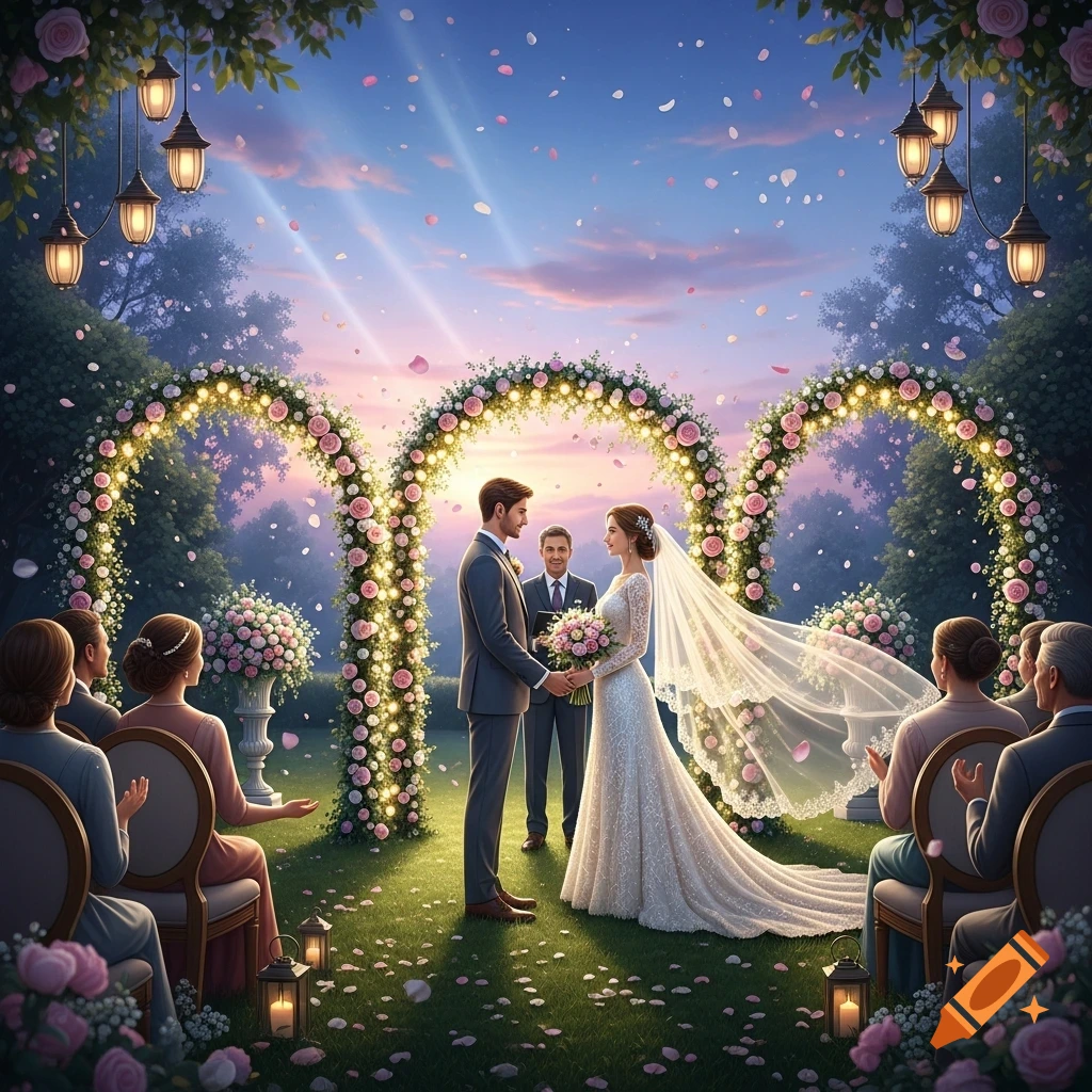 A couple stands under floral arches with glowing lights, holding hands during an outdoor wedding ceremony as rose petals fall.