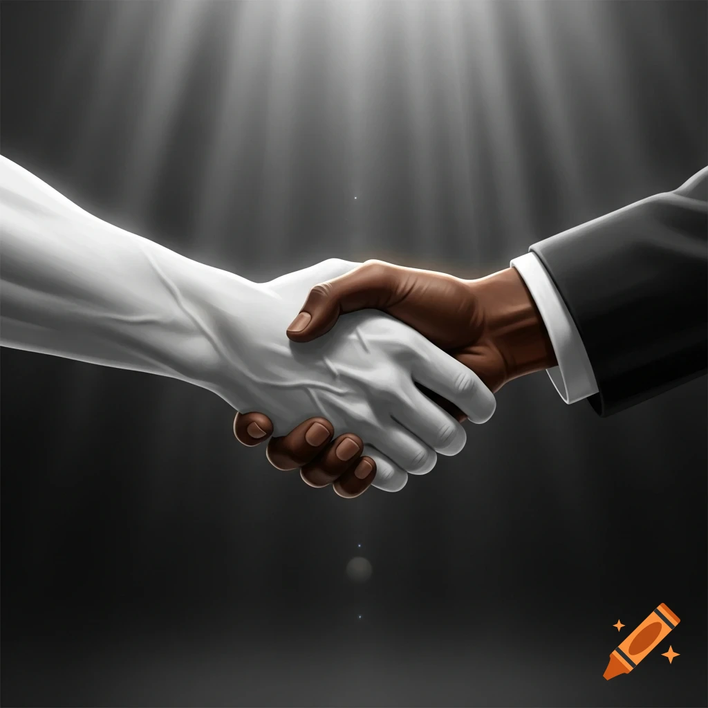 A light-skinned hand and a dark-skinned hand shaking in a formal gesture of unity, illuminated by a spotlight from above.