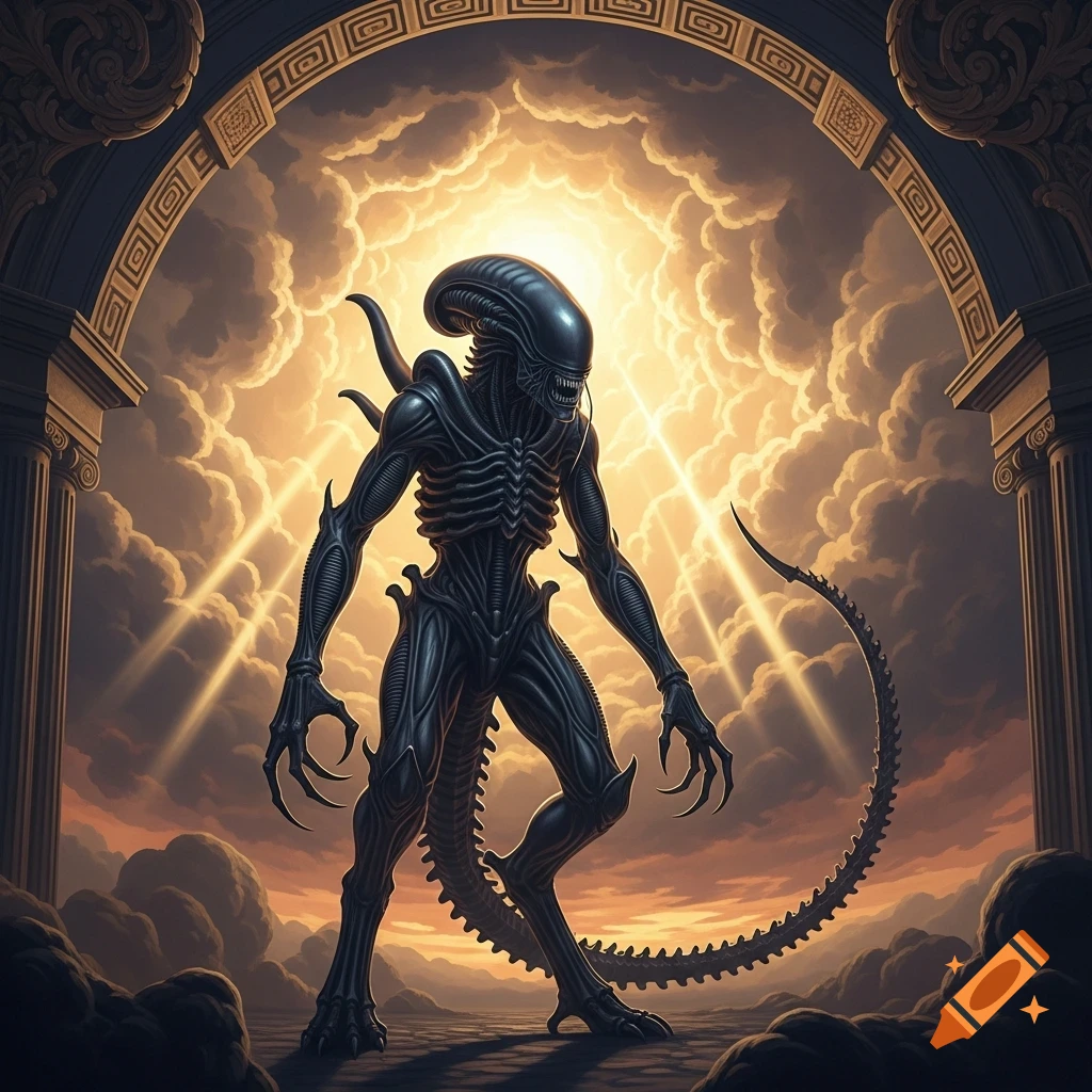 A detailed Xenomorph creature stands under a classical archway with a dramatic sunburst and clouds in the background.