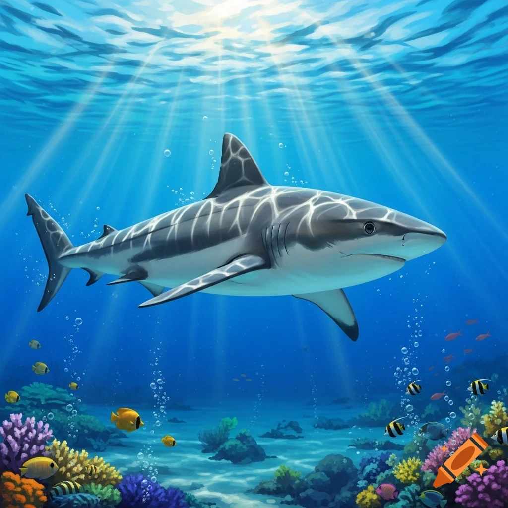 A large shark swims through a vibrant coral reef, with sunbeams piercing the clear blue ocean water from above.
