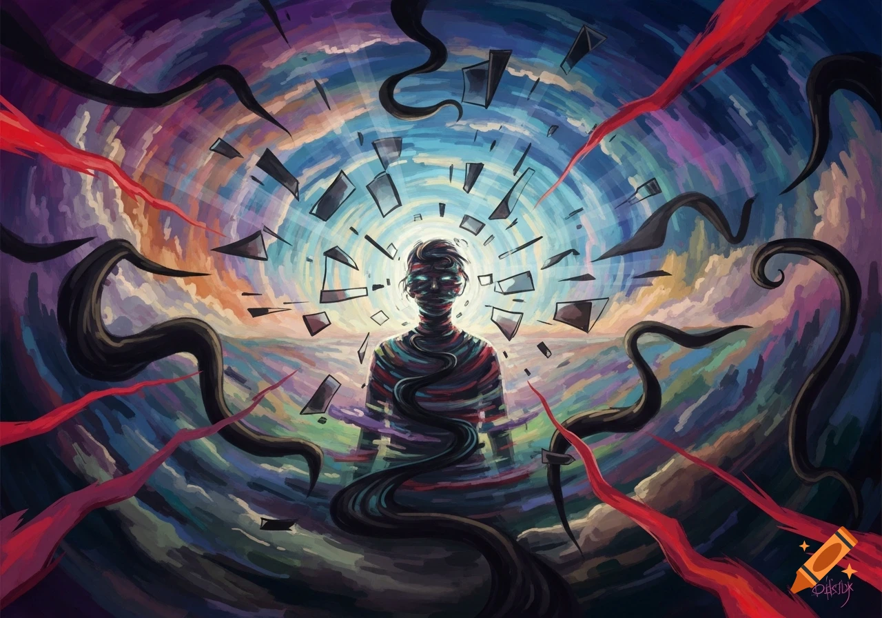 Abstract digital painting of a glitchy human figure surrounded by a ...