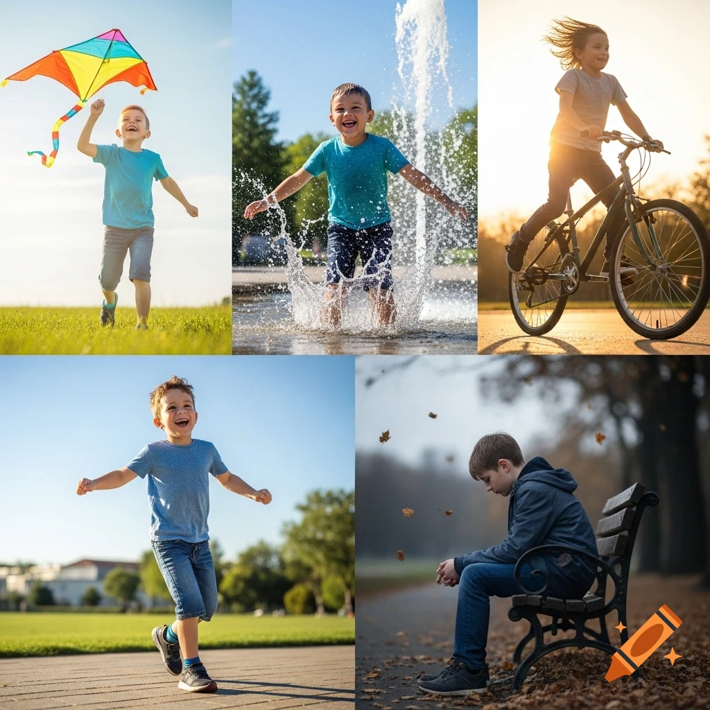 A collage of five images depicting boys: one flying a kite, one splashing in a fountain, one riding a bike, one running, and one sitting sadly on a bench.