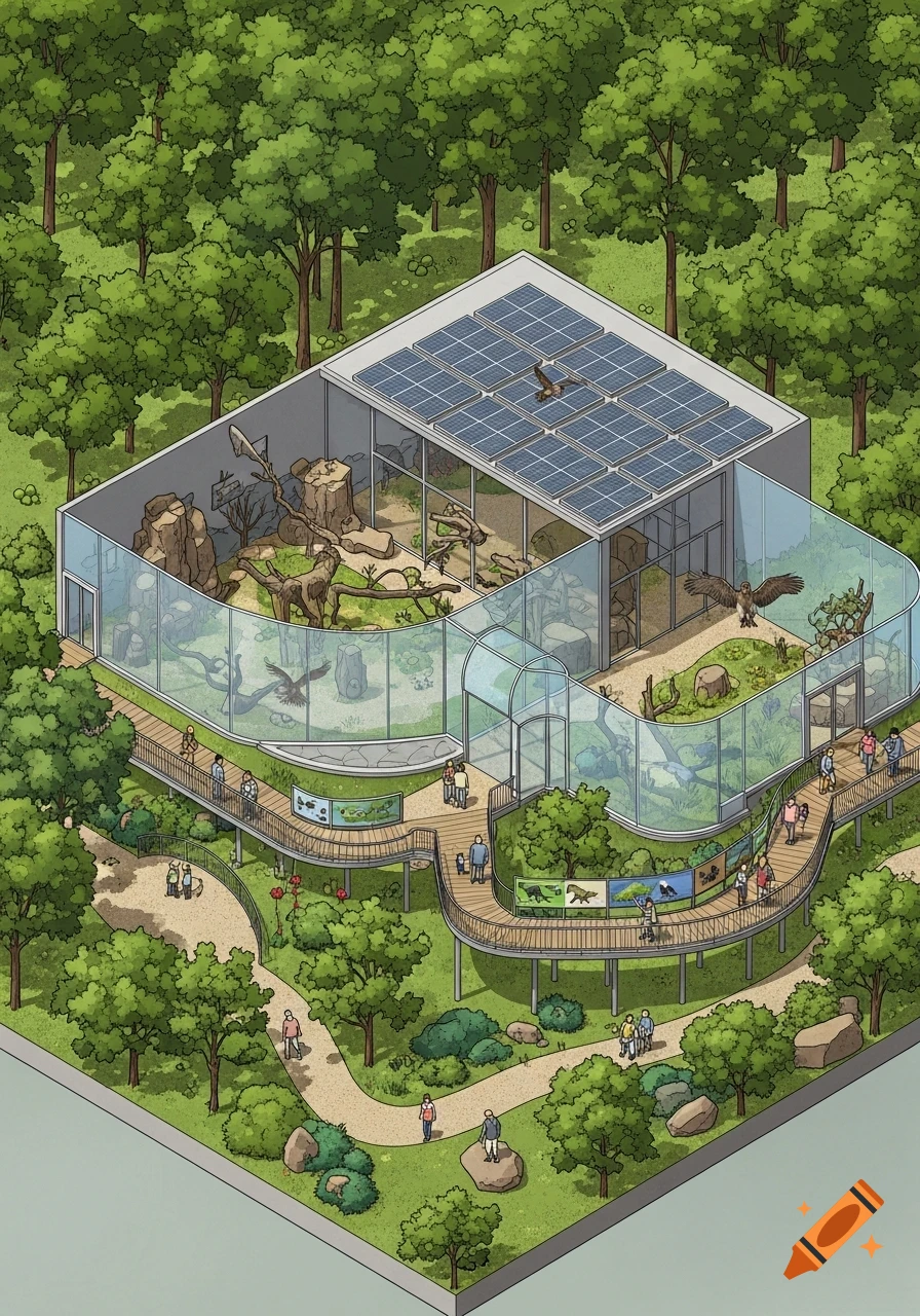 Isometric art of a modern raptor exhibit at an outdoor zoo with glass enclosures, solar panels, and visitors on elevated walkways surrounded by trees.