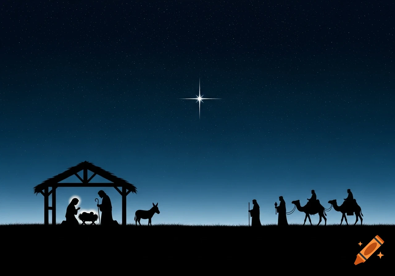 Silhouette nativity scene with Mary, Joseph, and baby Jesus in a stable, with three wise men on camels approaching under a starry night sky.