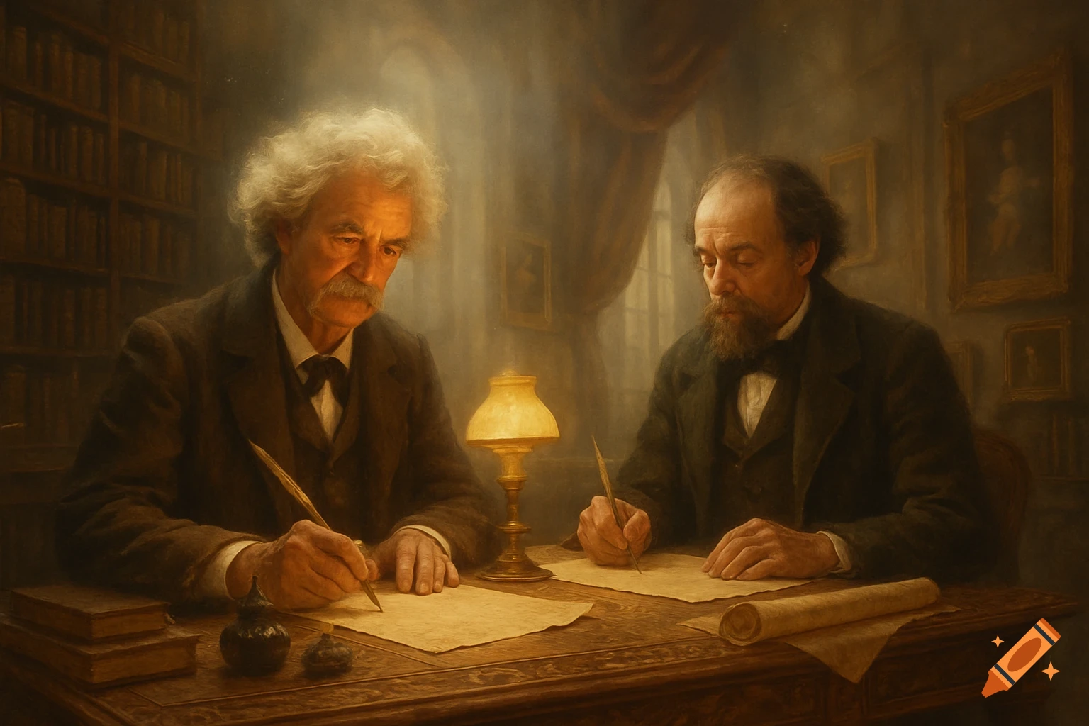A painterly portrait of two historical men, resembling Mark Twain and Fyodor Dostoevsky, writing with quill pens at a wooden desk under a lamp in a dim study.