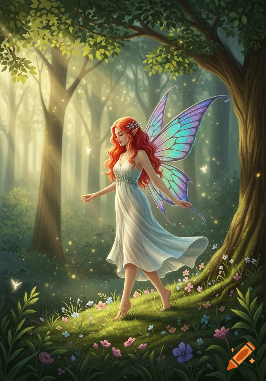 A red-haired fairy with shimmering blue and purple wings and a white dress strolls through an enchanted forest filled with flowers and magical light rays.