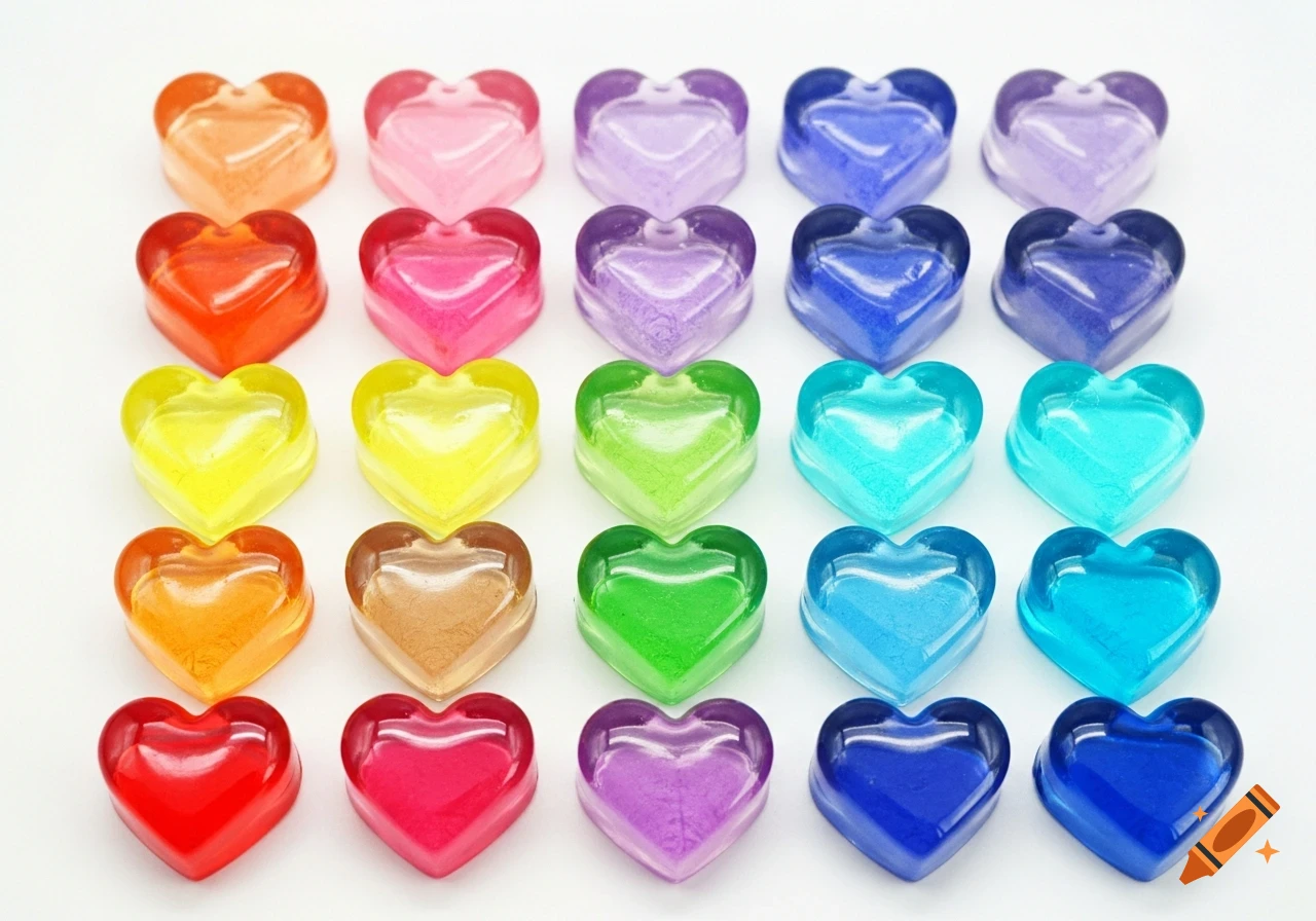 Twenty glossy, translucent heart-shaped objects arranged in rows, displaying a colorful gradient.