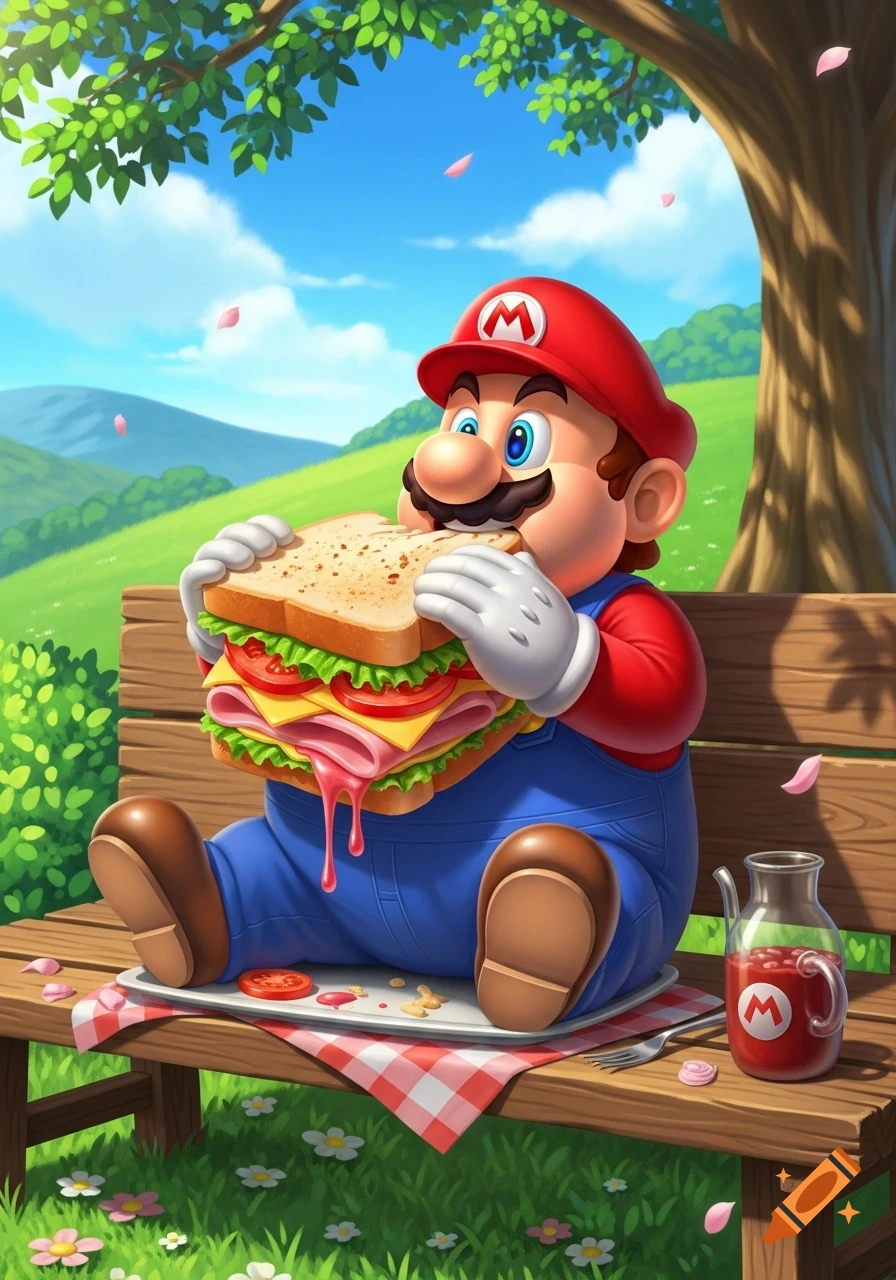 Cartoon Mario sits on a bench, eating a giant sandwich at a picnic under a tree.