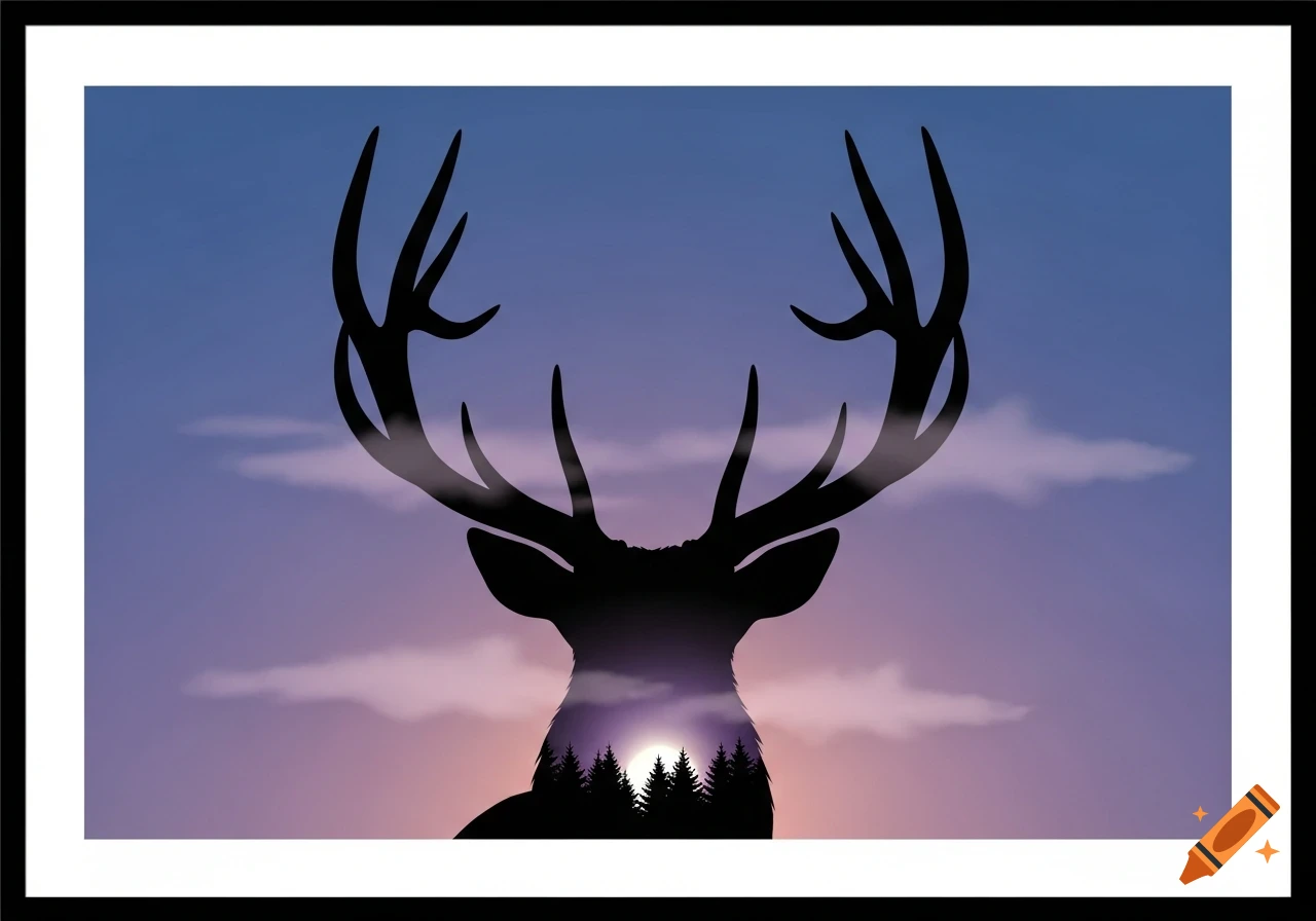 Silhouette of a moose head with large antlers, showing a sunset and pine forest inside, framed.