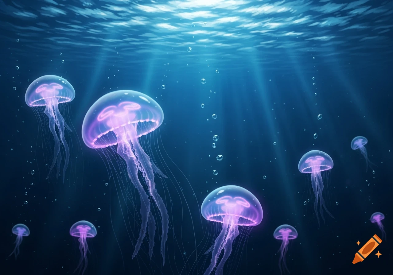 Glowing purple jellyfish swim in a deep blue ocean with light rays shining from the surface and rising bubbles.