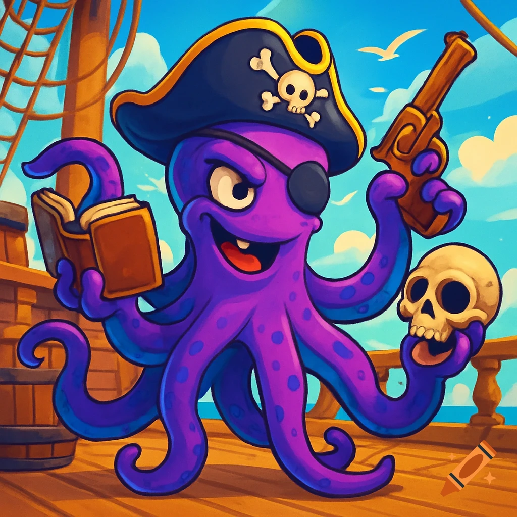 A vibrant purple cartoon pirate octopus with an eye patch and hat, holding a book, pistol, and skull on a ship deck.