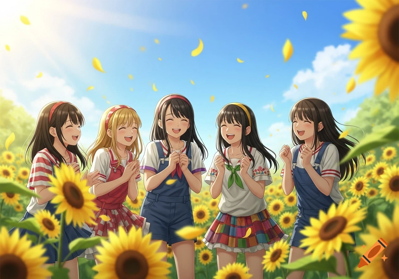 Five smiling anime girls stand happily in a vibrant sunflower field with yellow petals falling under a bright blue sky.
