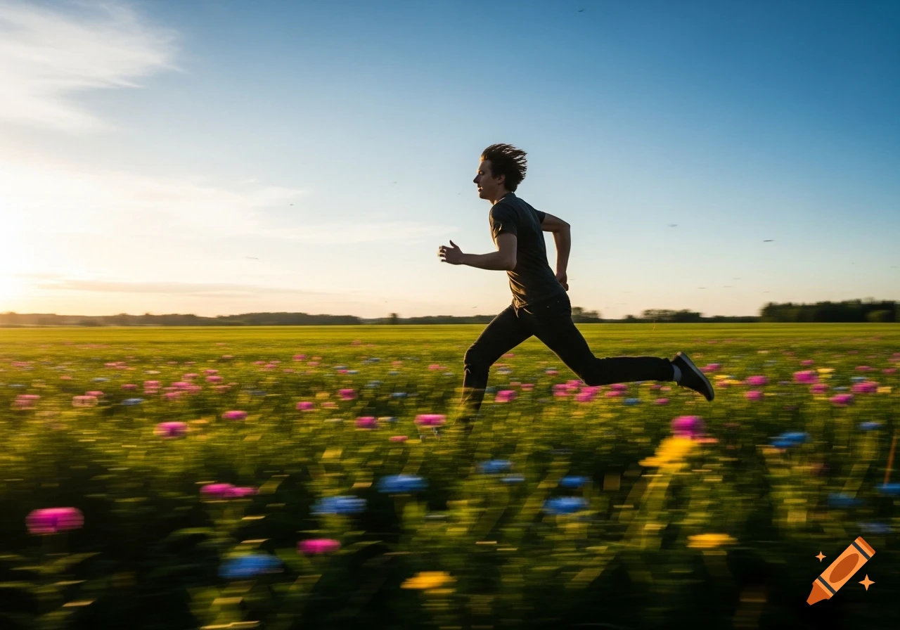 A man runs through a field of colorful flowers with motion blur at sunset.