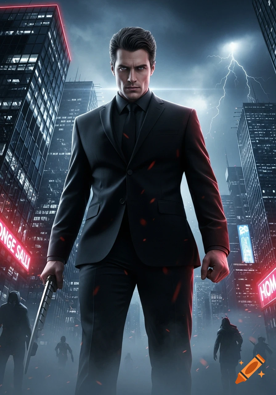 A stern man in a black suit holds a weapon in a dark, neon-lit futuristic city with lightning and shadowy figures.